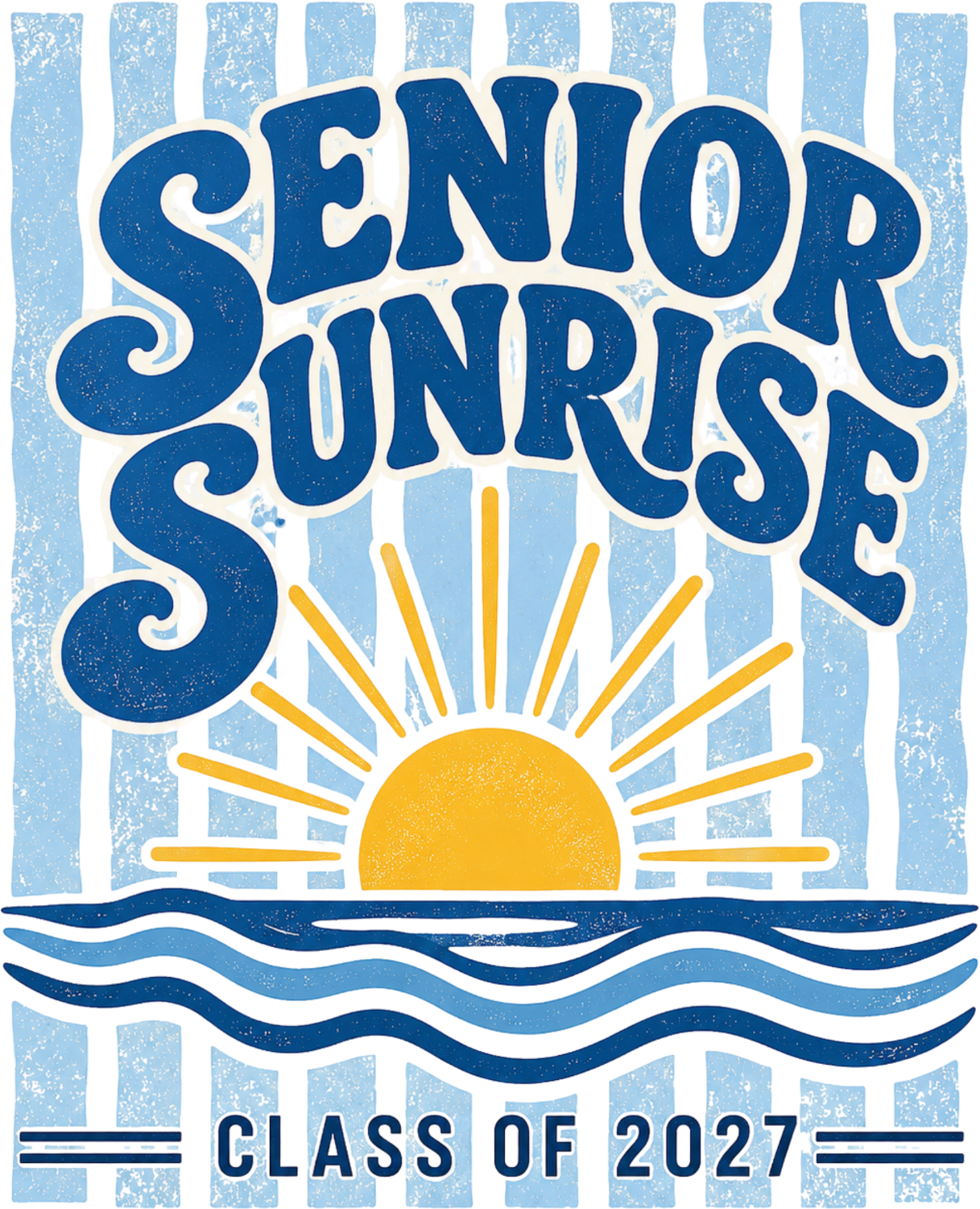 Blue and yellow retro Senior Sunrise Class of 2027 design, ready to press dtf transfer with wavy water and sun rays