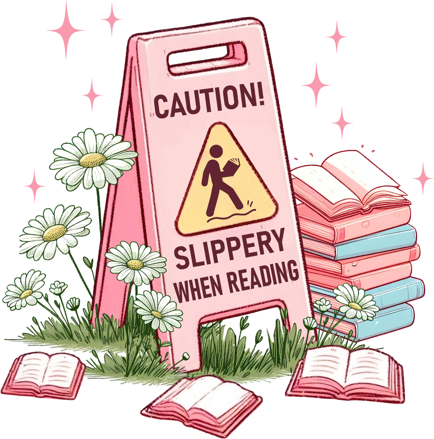Pink caution sign with slippery when reading warning, daisies, and stacked books ready to press dtf transfer