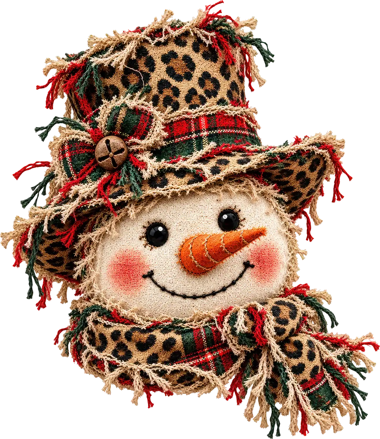 Smiling snowman face with orange carrot nose, leopard print hat and scarf, ready to press dtf transfer