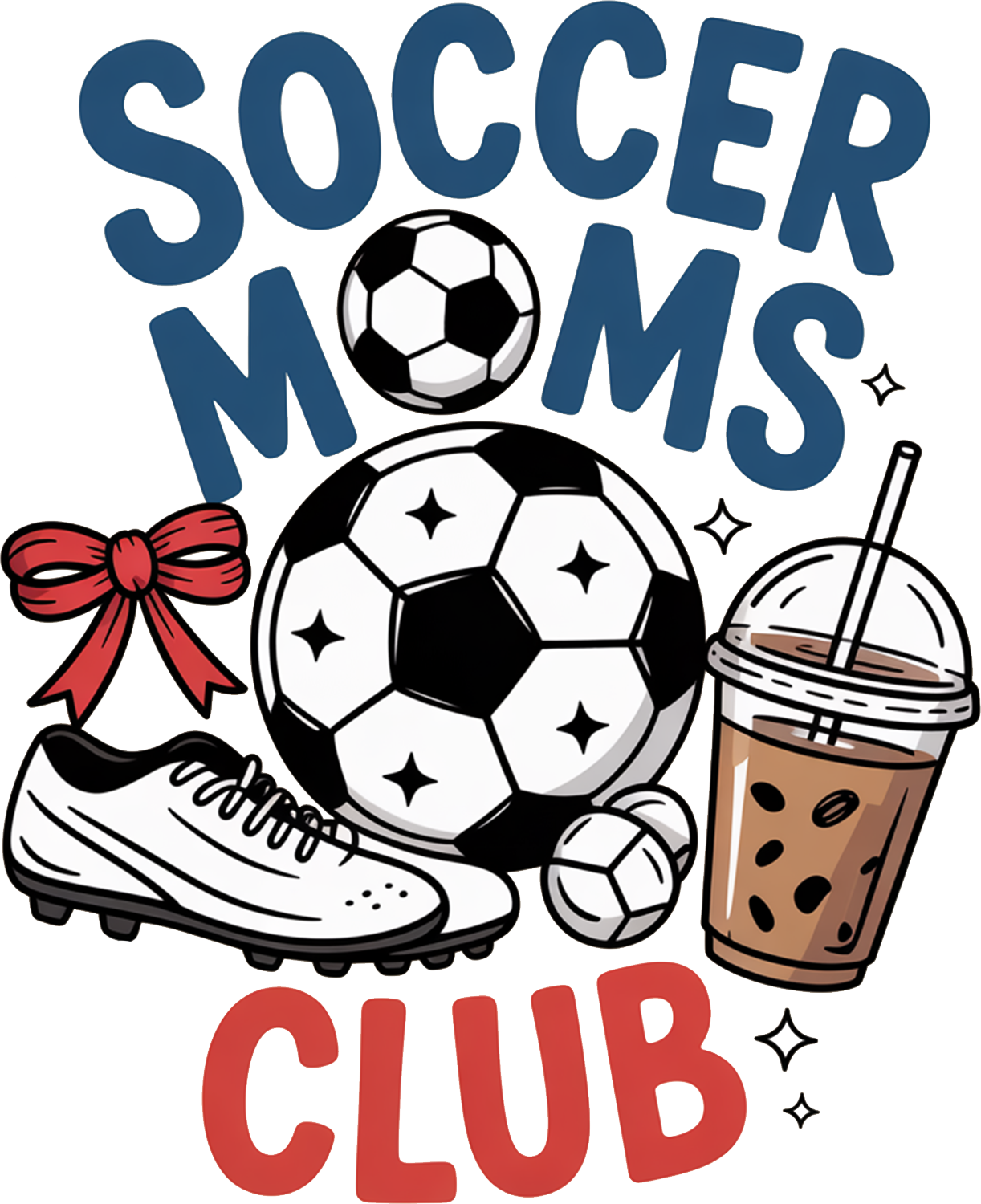 Soccer Moms Club design with soccer balls, cleats, red bow, and iced coffee ready to press dtf transfer