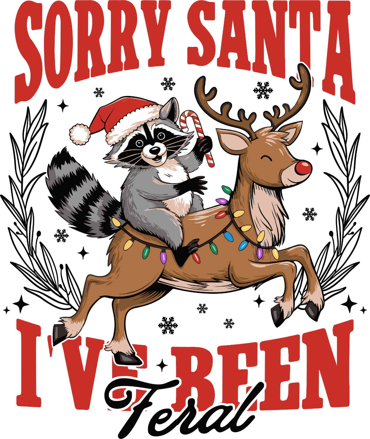 Raccoon on reindeer with Santa hat holding candy cane, ready to press dtf transfer with festive lights and snowflakes