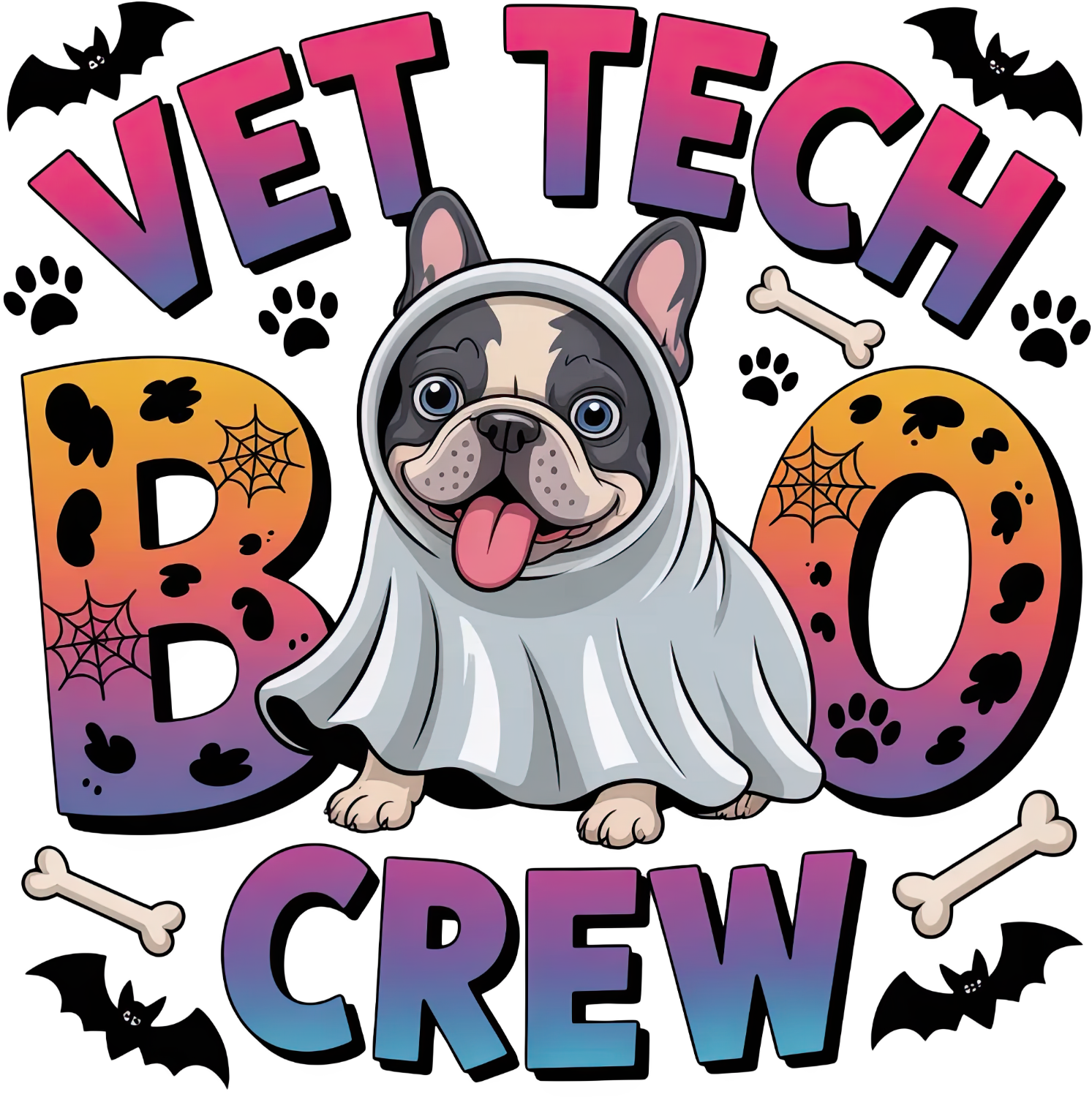 Cute French Bulldog wearing ghost costume with 'Vet Tech Boo Crew' text, ready to press dtf transfer