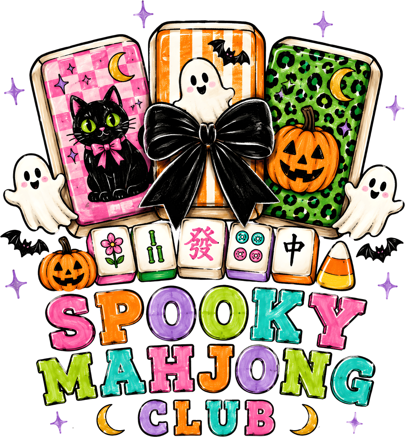 Colorful Spooky Mahjong Club design with ghost, pumpkin, black cat, and mahjong tiles, ready to press dtf transfer