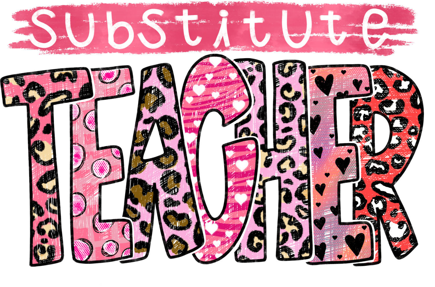 Pink leopard print substitute teacher design with hearts and animal patterns, ready to press dtf transfer