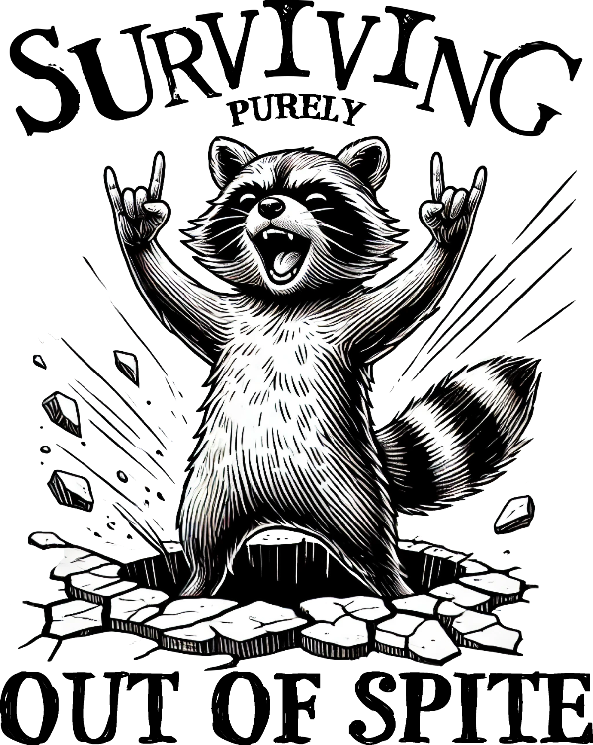 Black and white ready to press dtf transfer featuring a triumphant raccoon with raised arms and rock gesture surrounded by debris