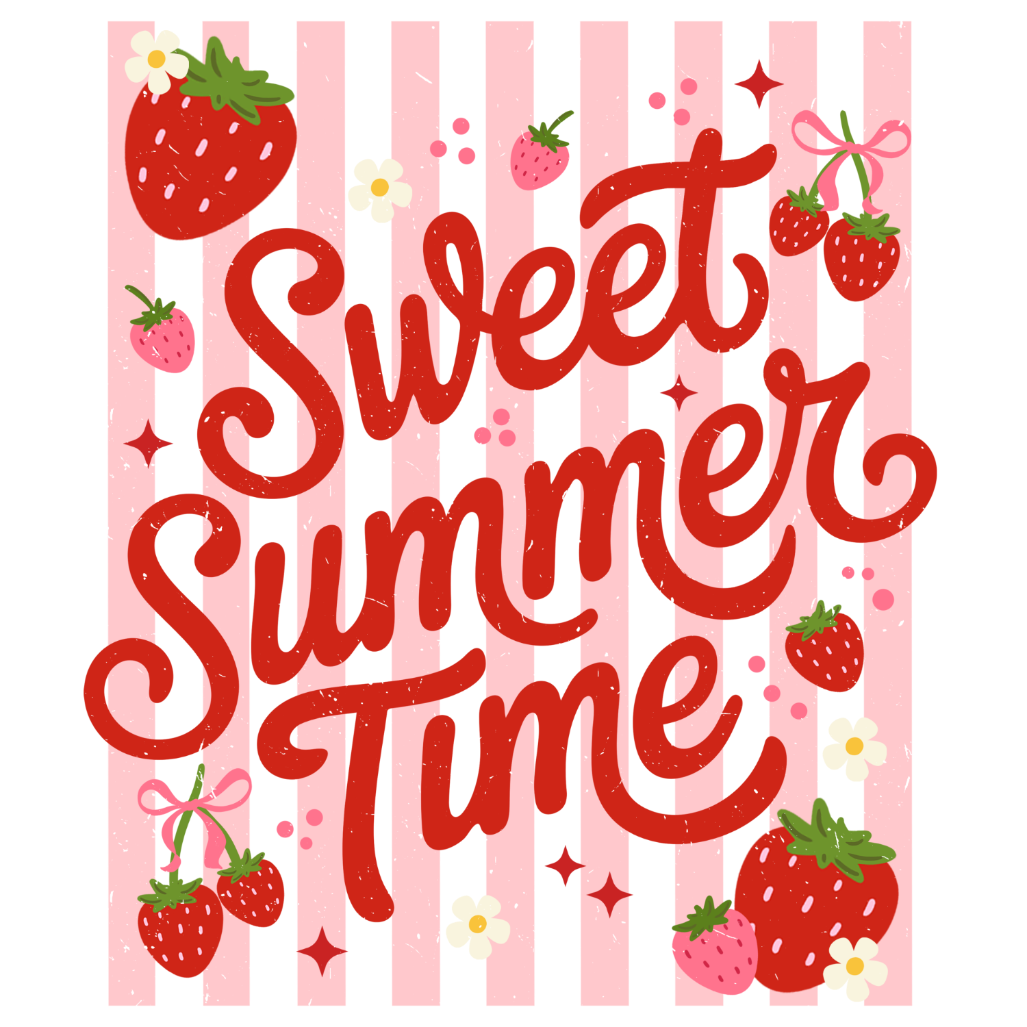Vibrant strawberry illustration with pink striped background and flowers, ready to press dtf transfer design