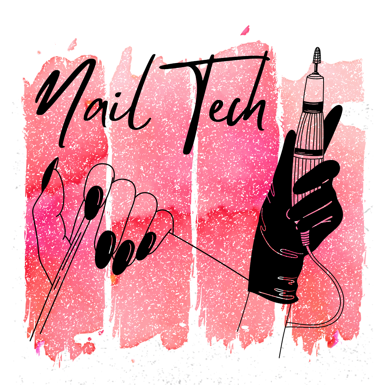 Pink glitter textured ready to press dtf transfer featuring stylized text 'Nail Tech' with illustrated hand holding nail polish brush