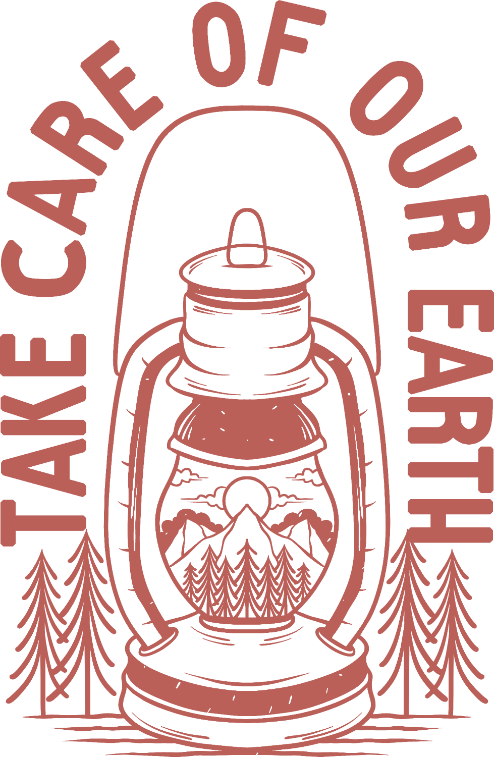 Rustic red lantern with mountain landscape and pine trees, ready to press dtf transfer design.