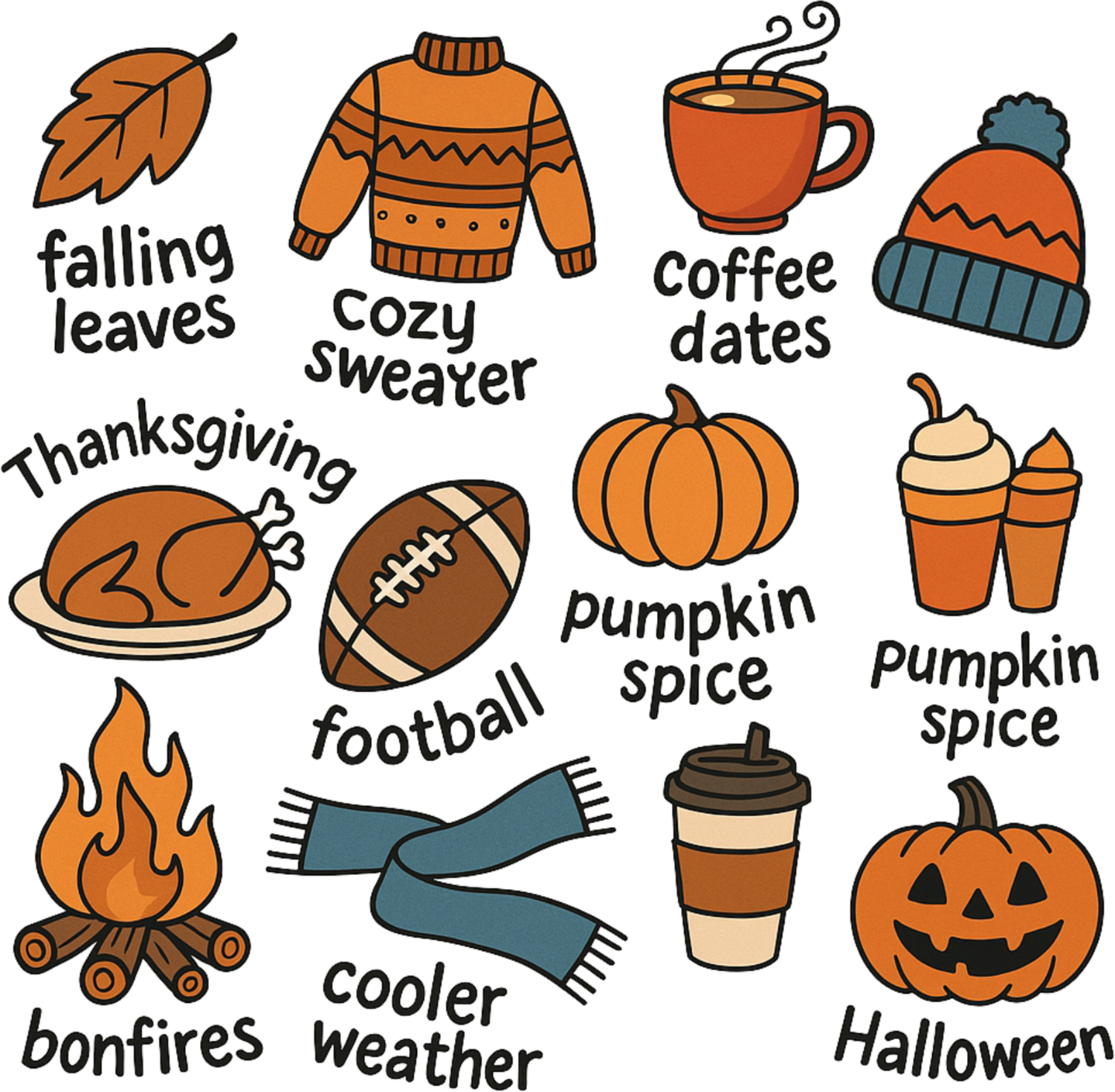 Ready to press DTF transfer with fall icons including pumpkins, cozy sweater, coffee, bonfire, football, and jack-o-lantern in orange and blue