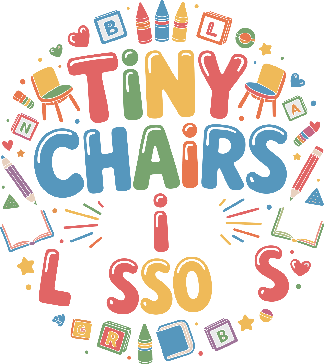 Colorful back-to-school design with tiny chairs and school supplies, ready to press dtf transfer