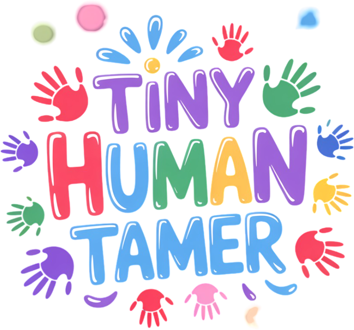 Colorful ready to press dtf transfer featuring Tiny Human Tamer text with bright handprints and sun designs in purple, pink, blue, green, and yellow