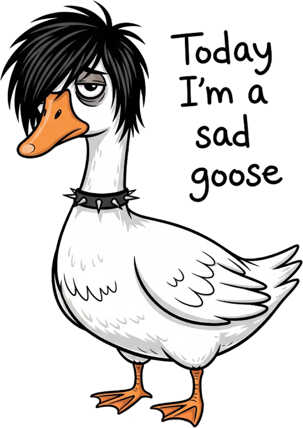 Cartoon sad goose with black emo hair, orange beak, and spiked collar, ready to press dtf transfer