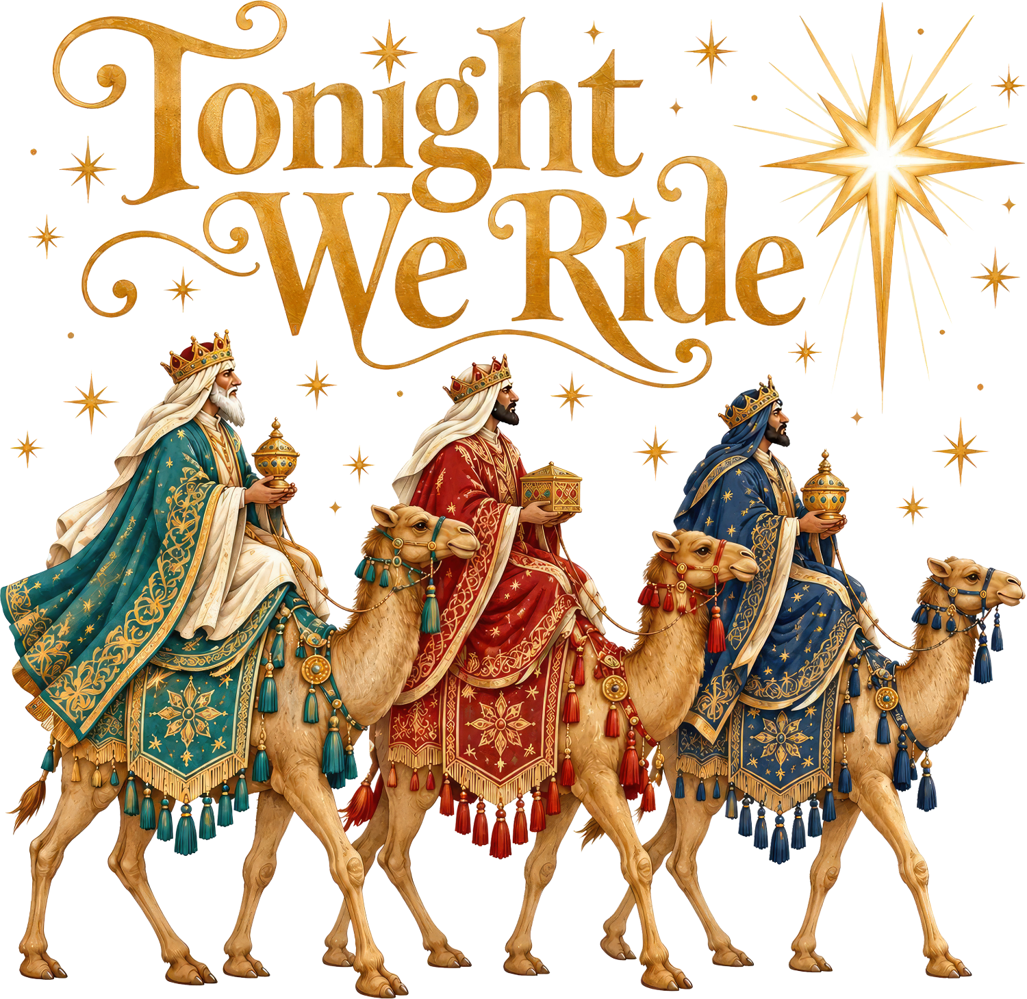 Three majestic camels with crowned kings in jewel-toned robes and gold accents, ready to press dtf transfer