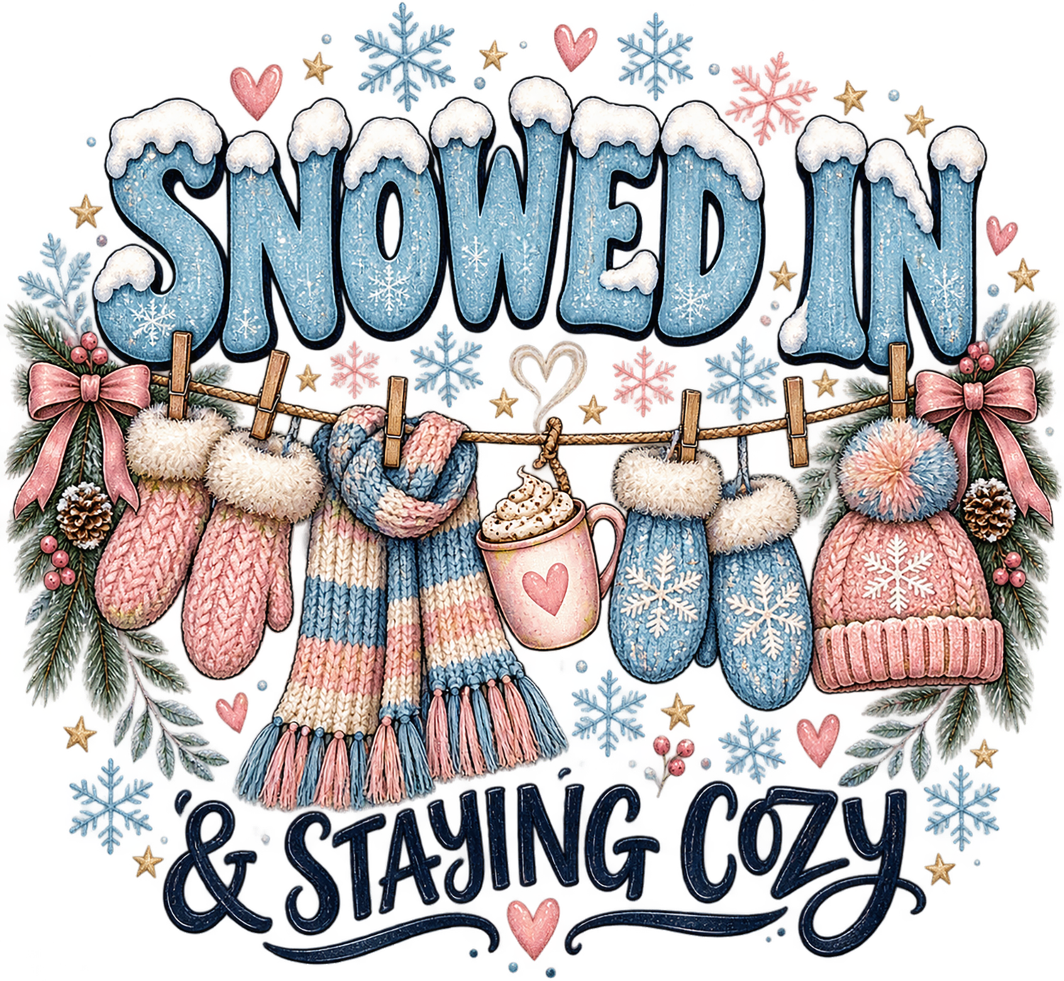 Snowed In & Staying Cozy winter design with snow-textured lettering, hanging winter accessories, and ready to press dtf transfer