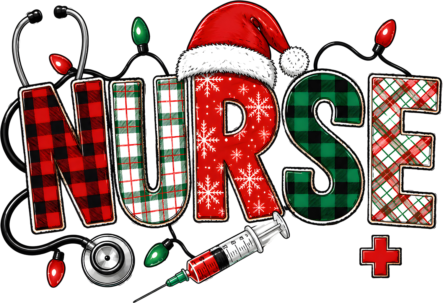 Colorful nurse Christmas design with stethoscope, syringe, and Santa hat, ready to press dtf transfer