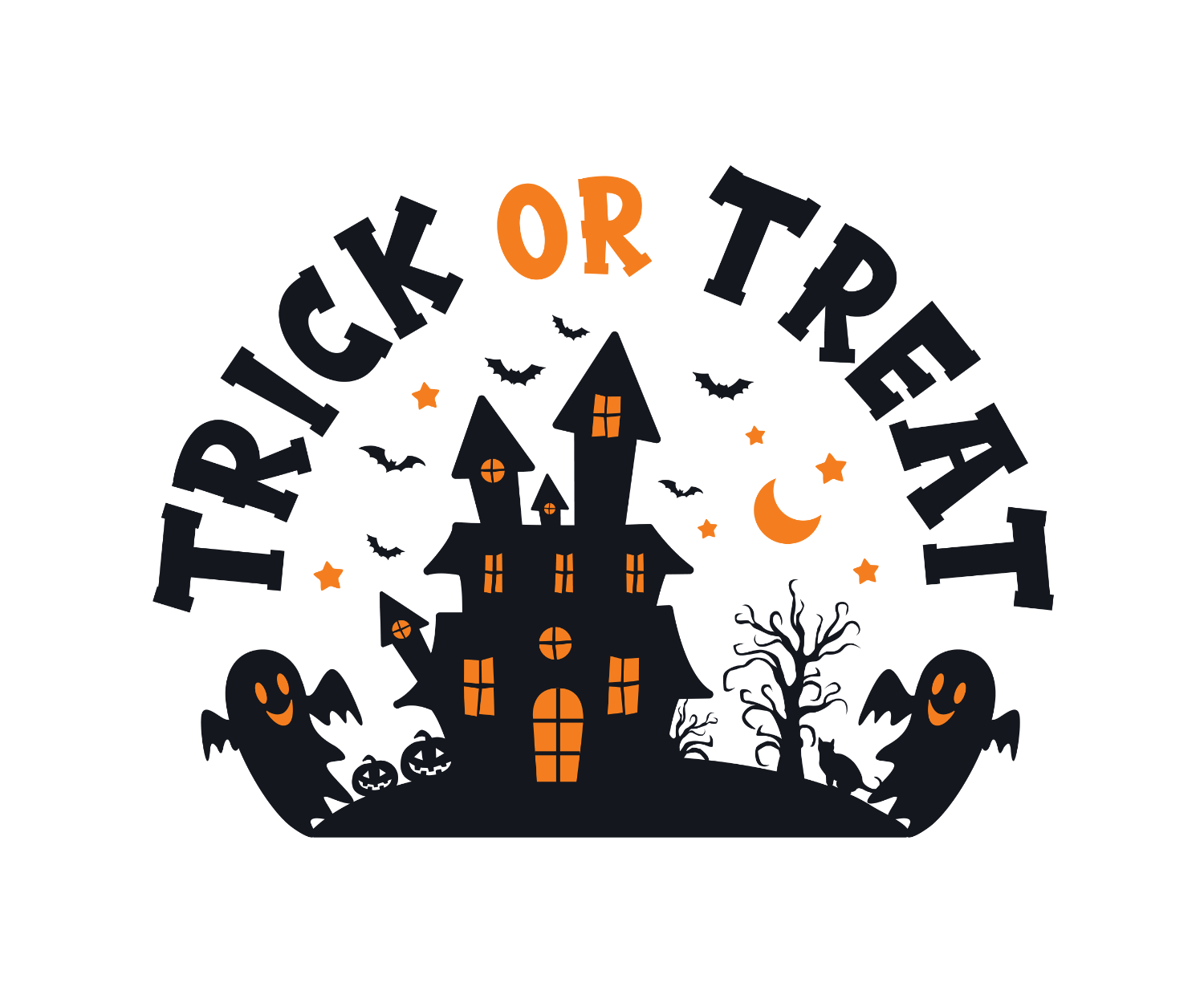 Black haunted house with orange glowing windows, flying bats, ghosts, dead tree, stars and moon with trick or treat text in orange—ready to press DTF transfer.