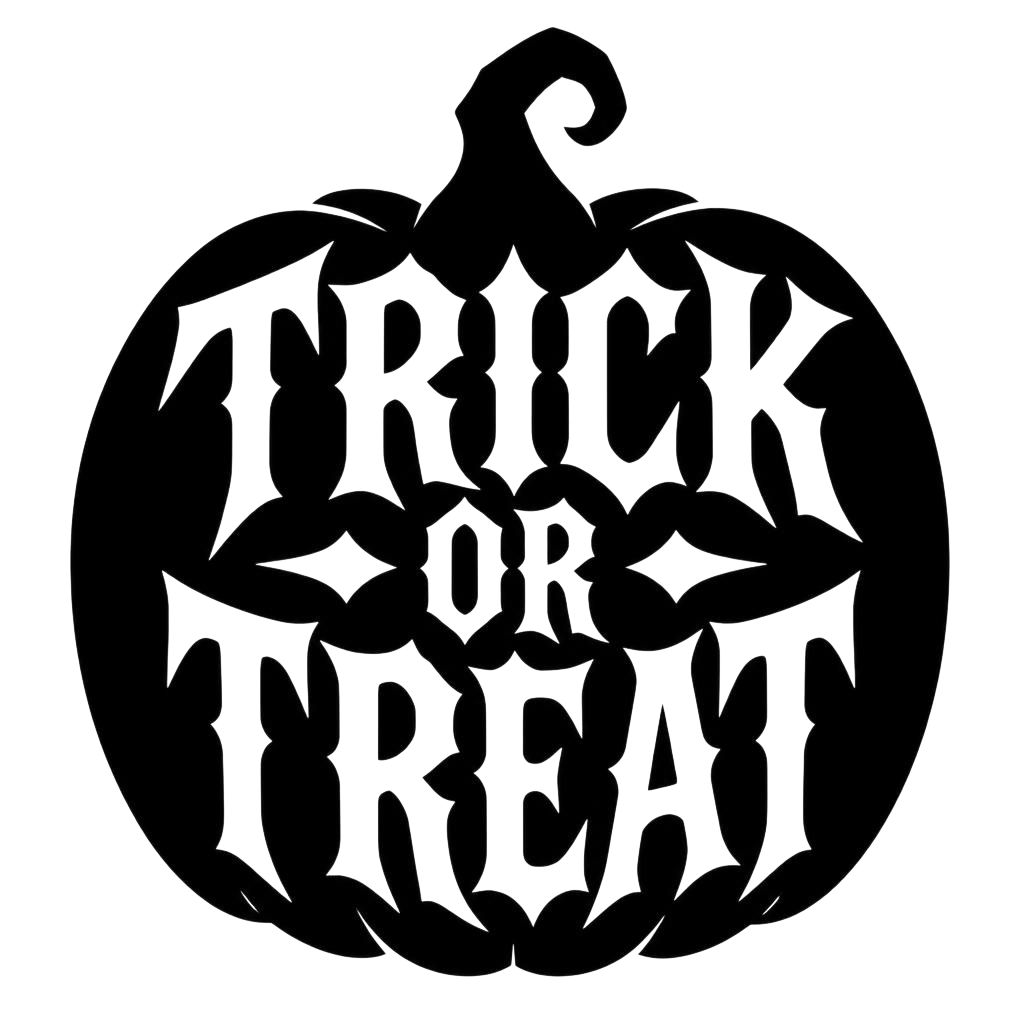 Black pumpkin silhouette with "Trick or Treat" text in gothic font, ready to press dtf transfer for Halloween clothing.