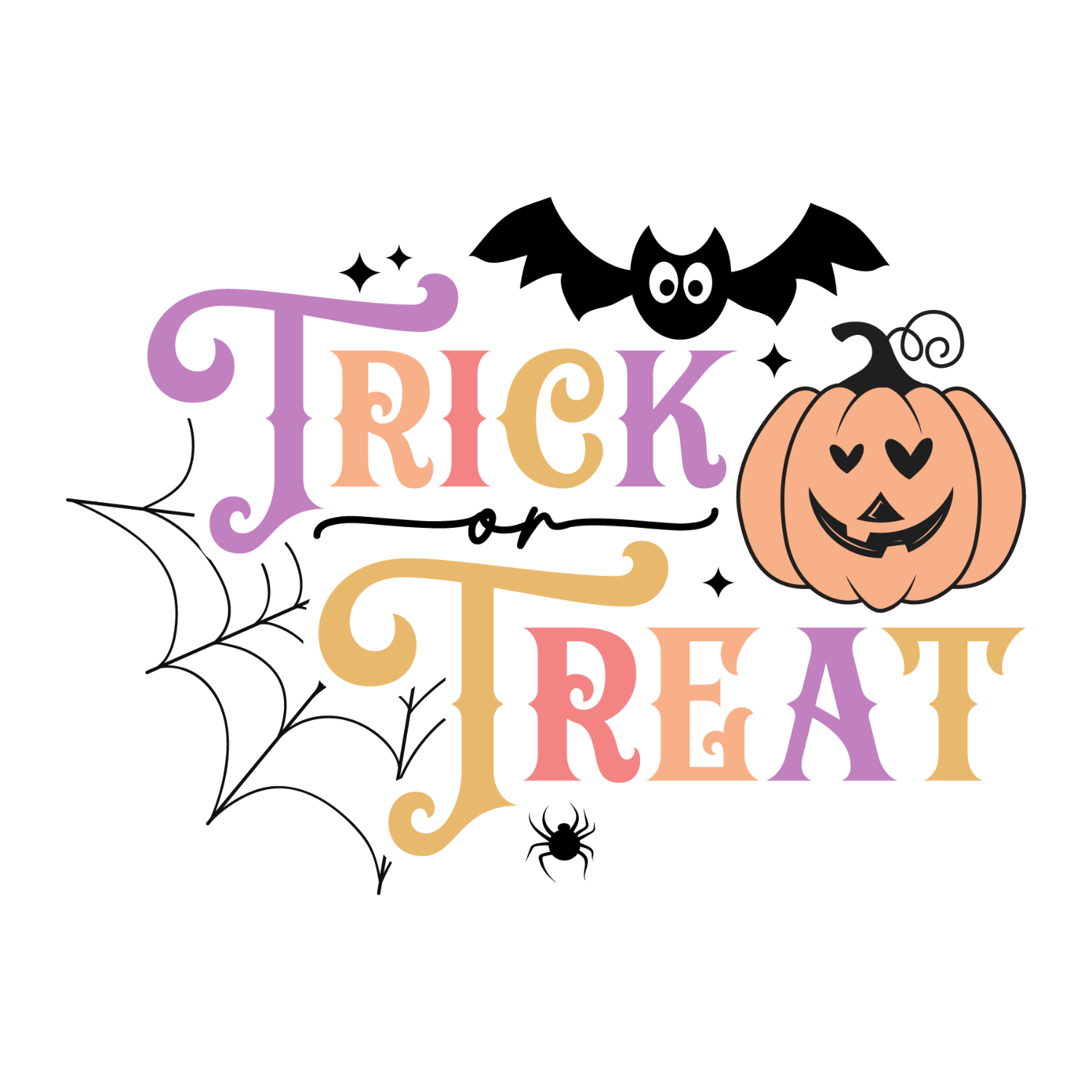 Colorful Trick or Treat design with pumpkin, bat, and spider web, ready to press dtf transfer