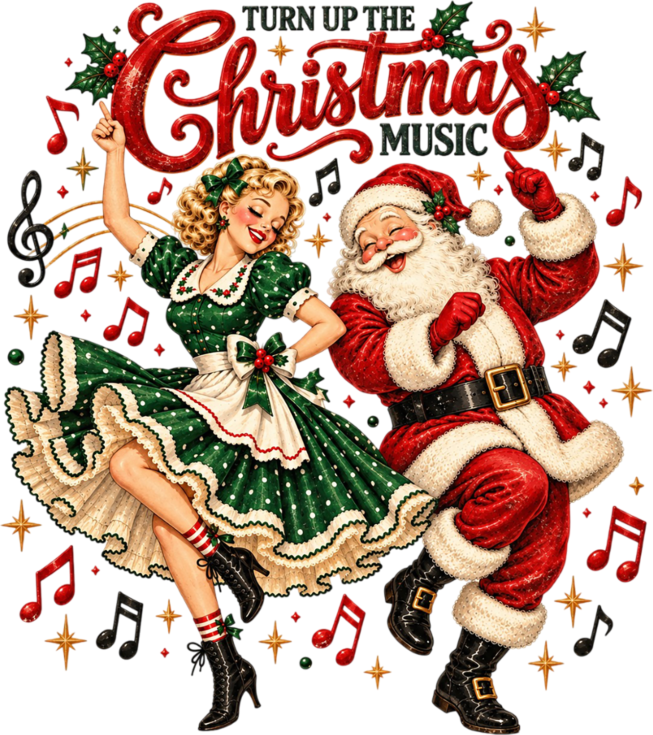 Vintage Christmas music ready to press dtf transfer with Santa and dancing pin-up girl in green dress