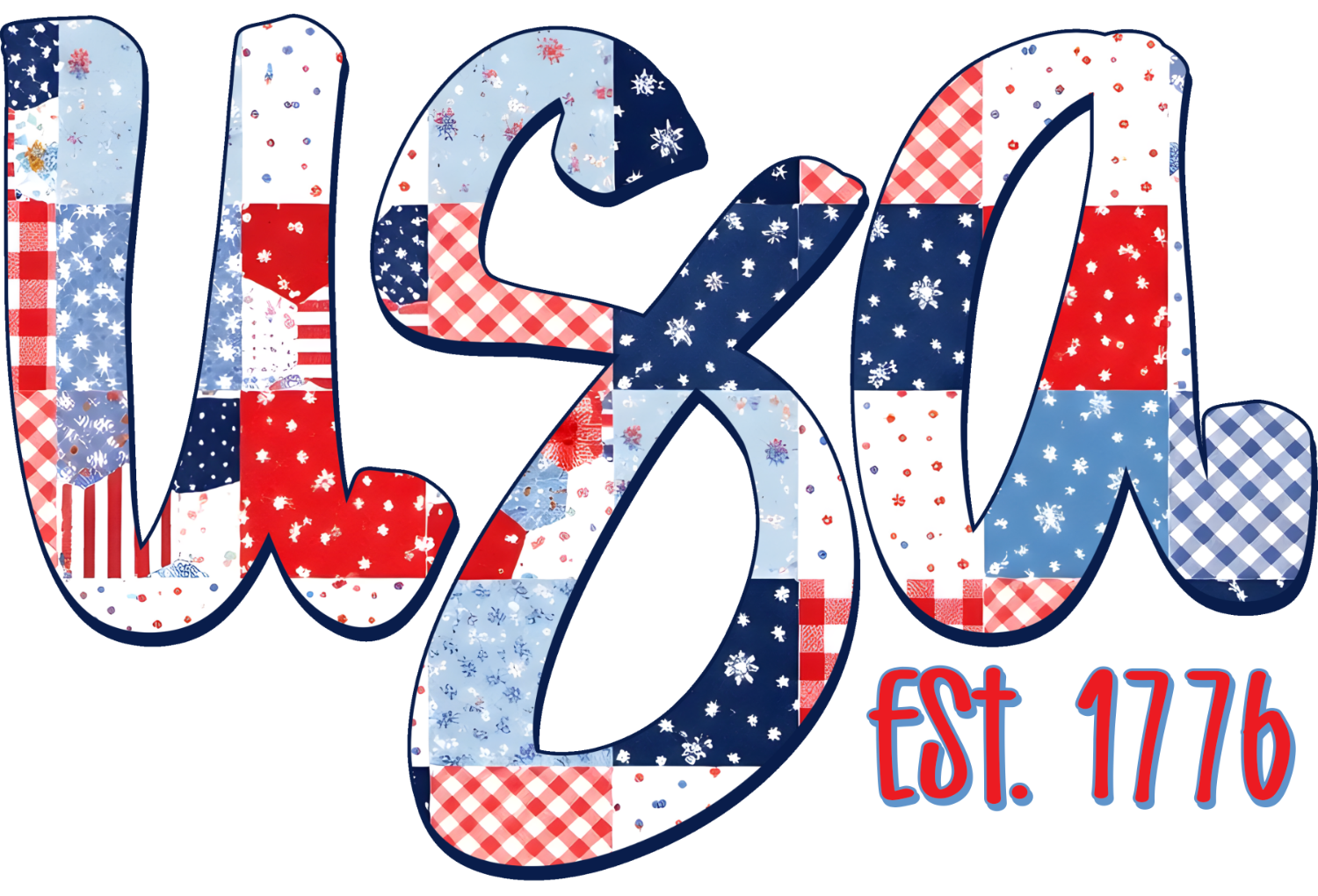 USA Est 1776 patchwork design with red, white, and navy patches—ready to press dtf transfer