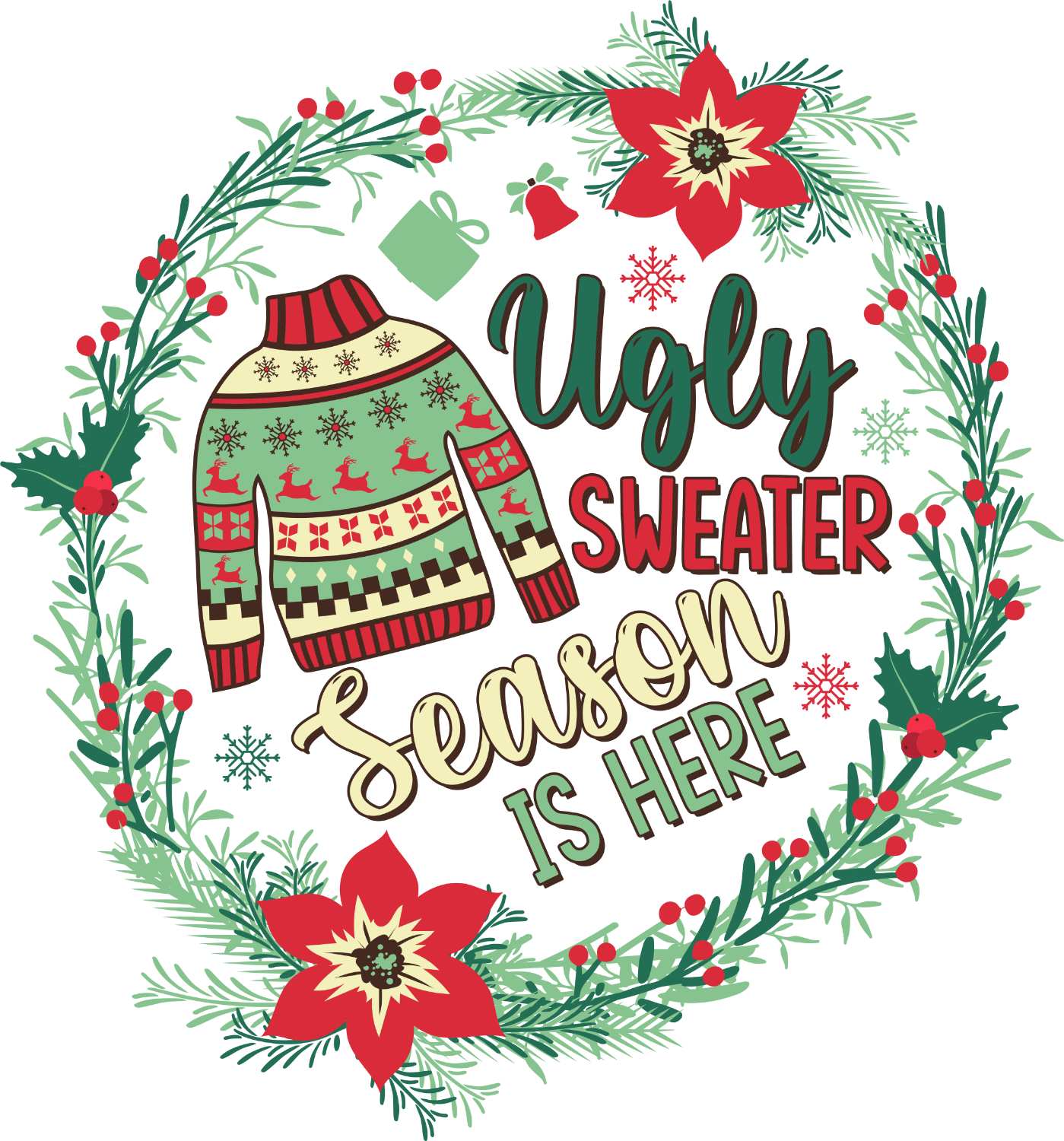 Green and red ugly sweater design with poinsettias and wreath, ready to press dtf transfer