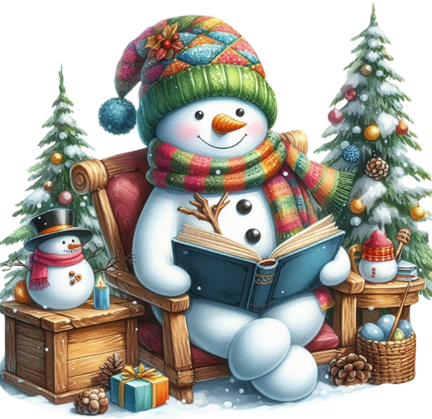 Cheerful snowman wearing colorful striped hat and scarf, reading book surrounded by decorated evergreen trees, ready to press dtf transfer