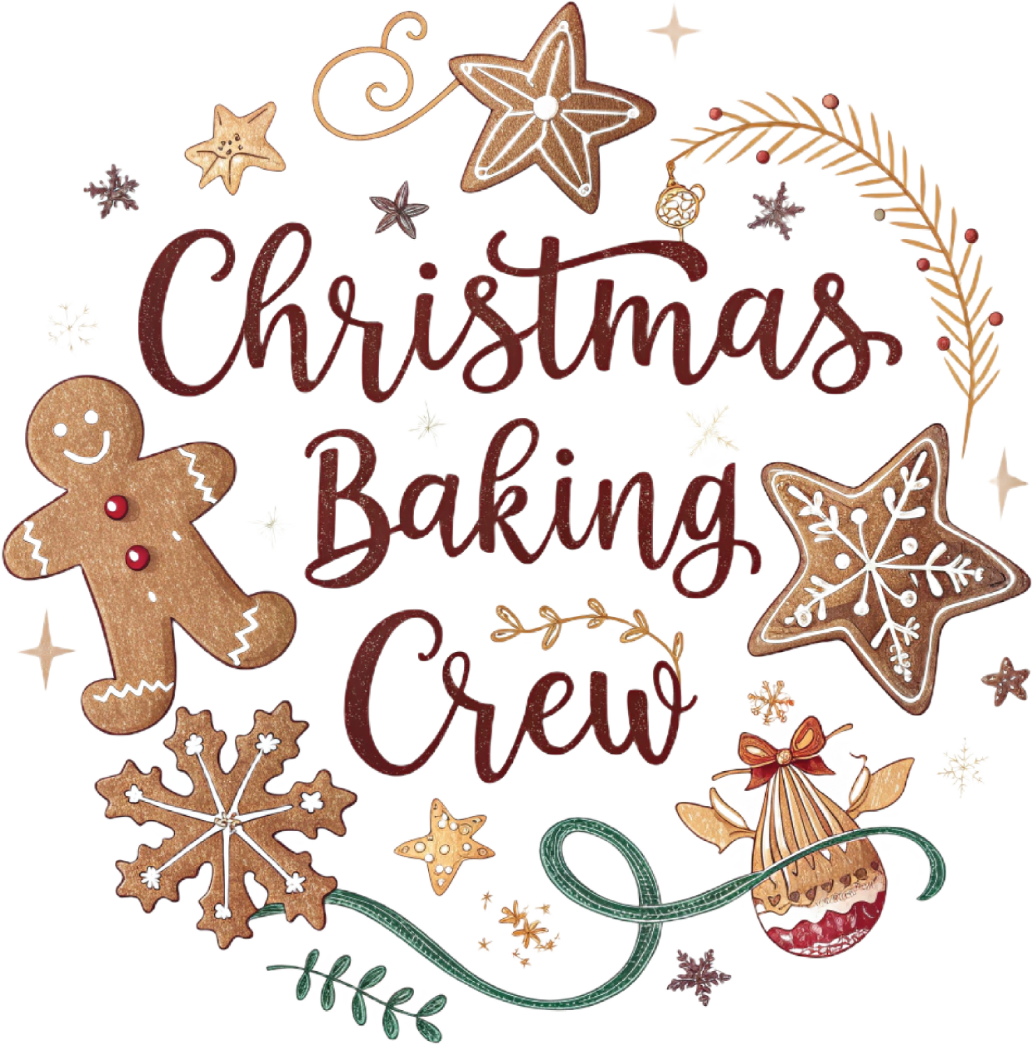 Ready to press DTF transfer featuring Christmas Baking Crew text surrounded by gingerbread cookies, snowflakes, and festive ornaments.
