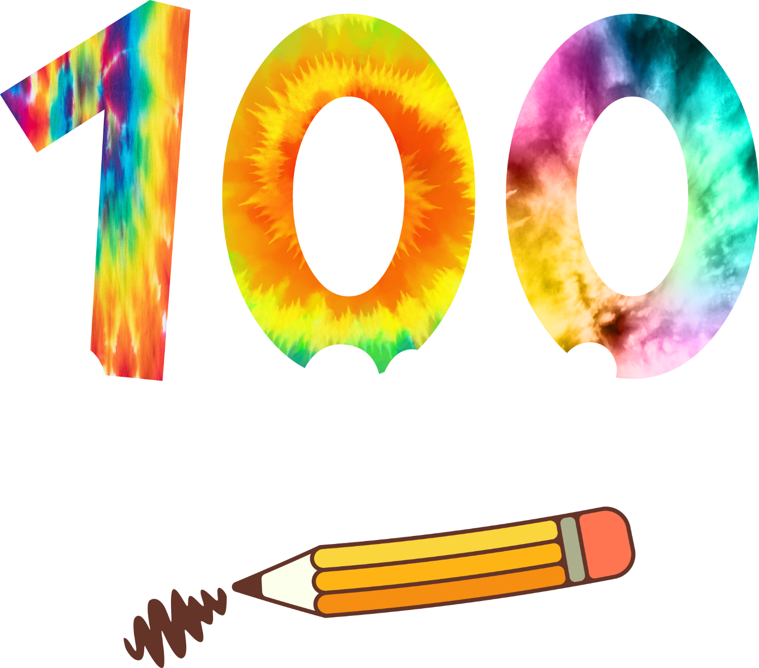 Colorful number 100 with rainbow gradient and pencil illustration, ready to press dtf transfer design