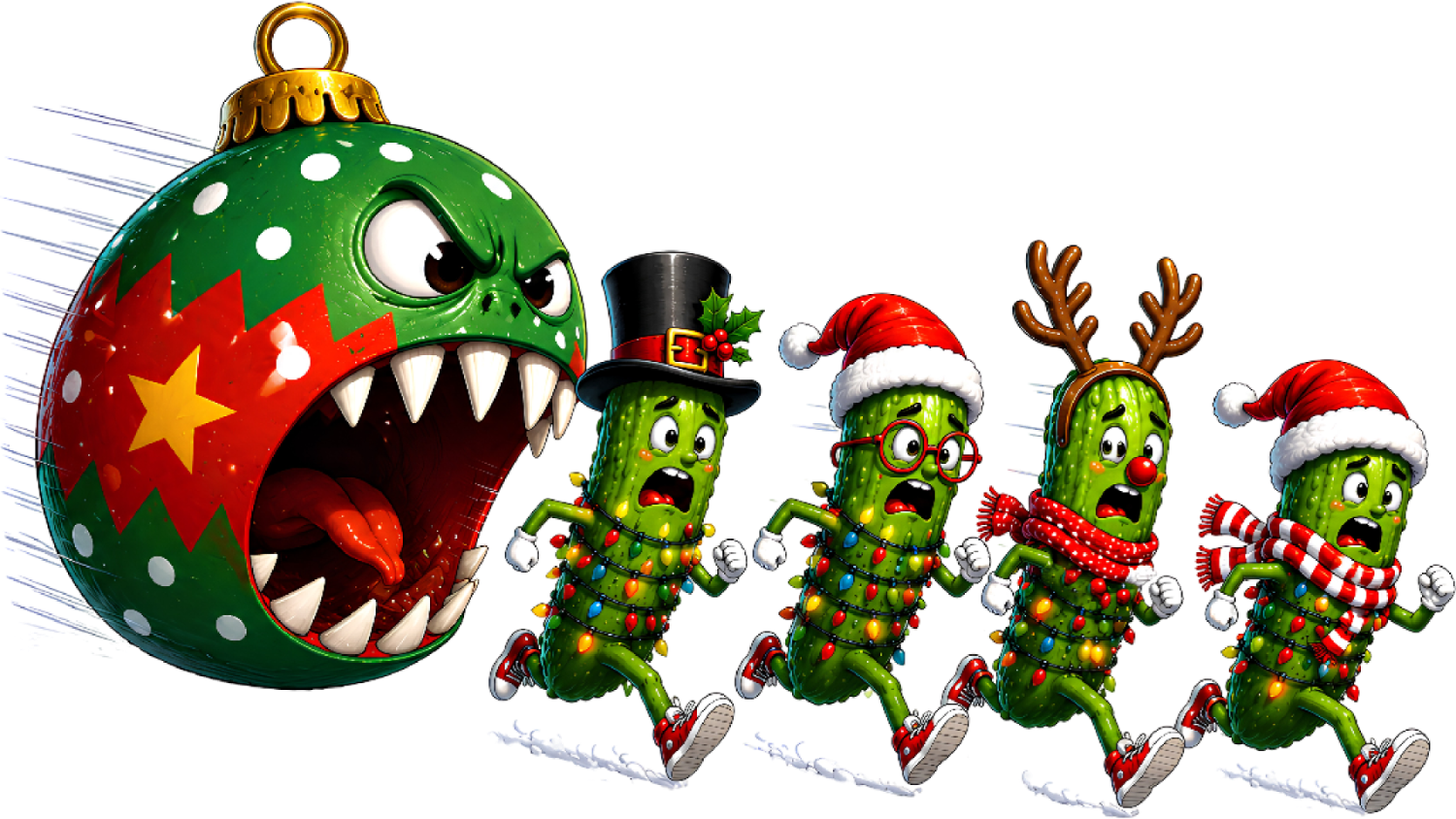 Angry green Christmas ornament with sharp teeth chasing four scared green caroler characters wearing Santa hats and scarves, ready to press dtf transfer