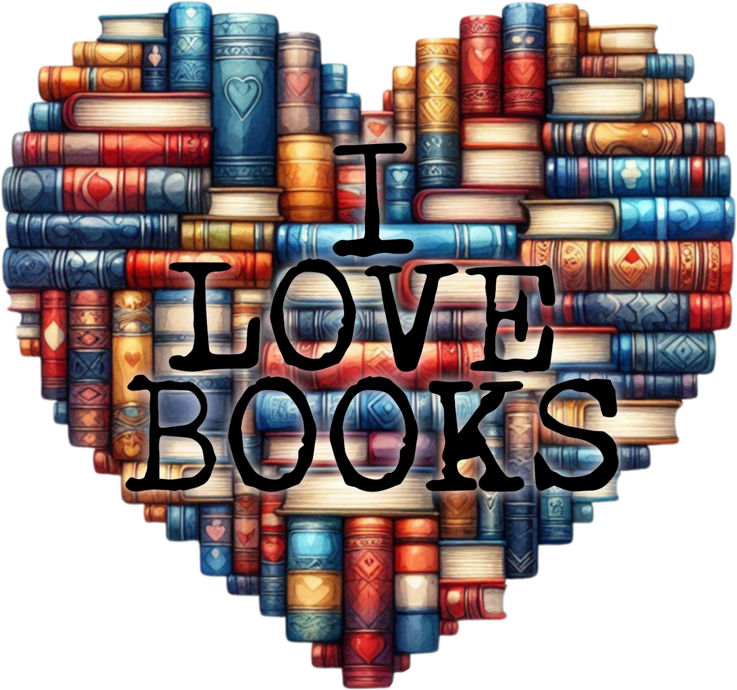 Heart-shaped design made of stacked vintage books in multi-colors with 'I LOVE BOOKS' text, ready to press dtf transfer