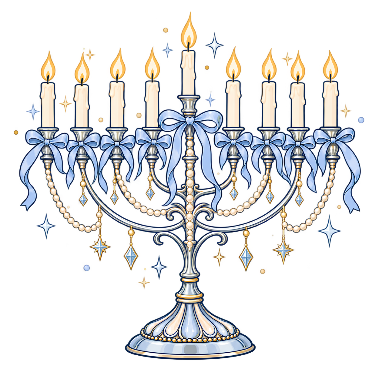 Elegant Menorah Candelabra Blue Bow DTF Transfer