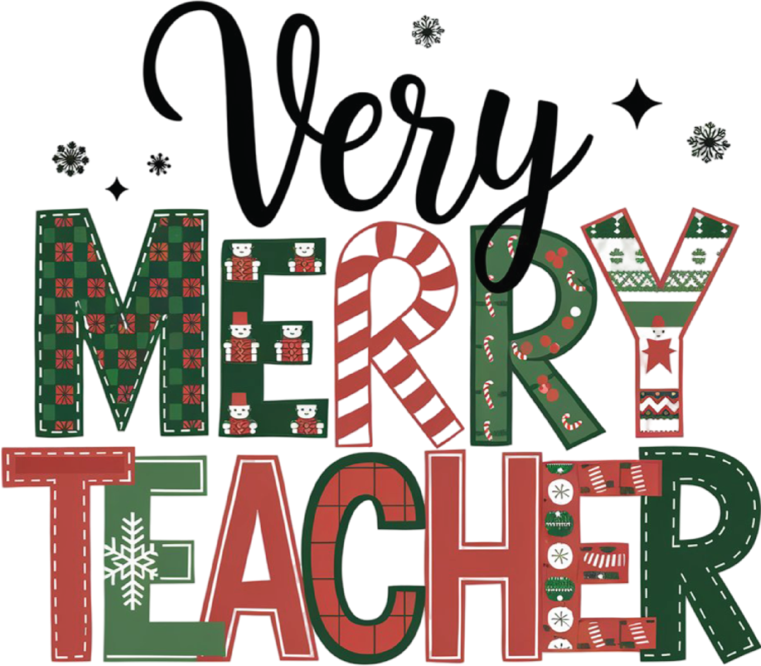 Colorful 'Very Merry Teacher' holiday design with red and green letters, candy canes, and snowflakes—ready to press DTF transfer