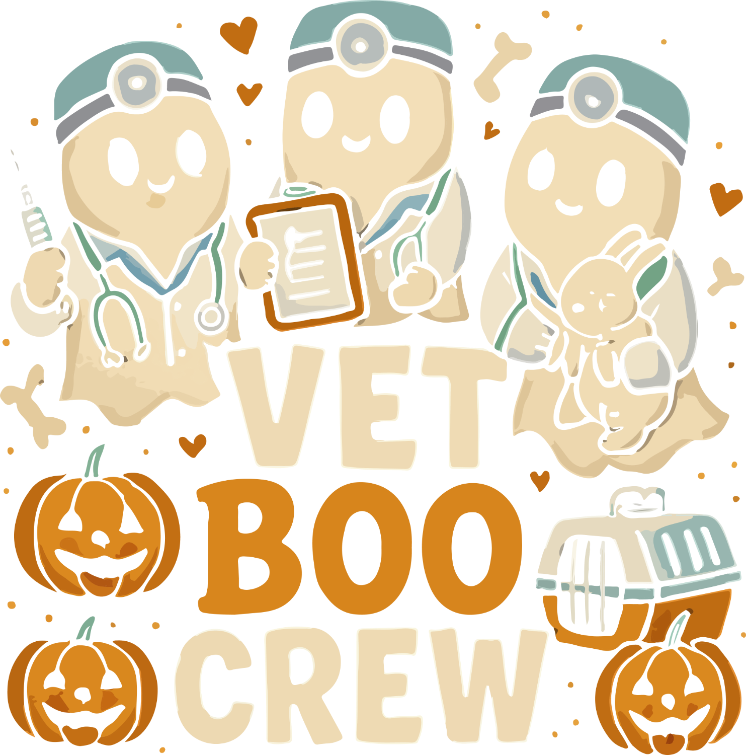 Three cartoon veterinarians in teal headlamps holding medical tools surrounded by jack-o-lantern pumpkins, ready to press dtf transfer.