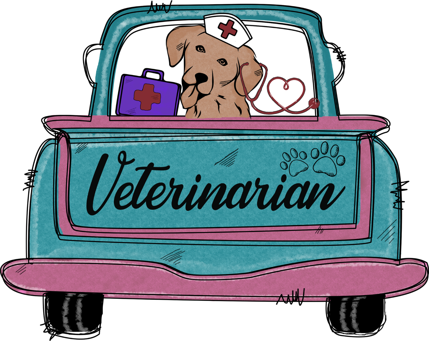Brown service dog wearing nurse cap with medical kit and stethoscope, ready to press dtf transfer design