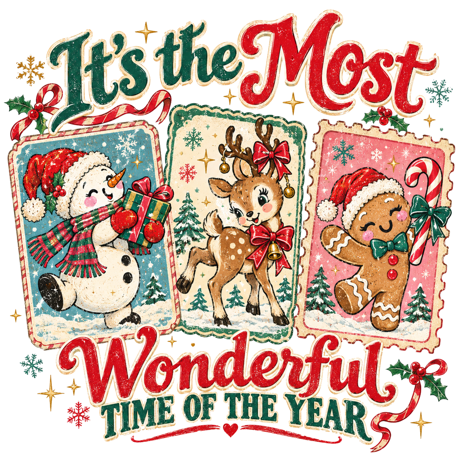 Vintage Christmas design with snowman, reindeer, and gingerbread man ready to press dtf transfer