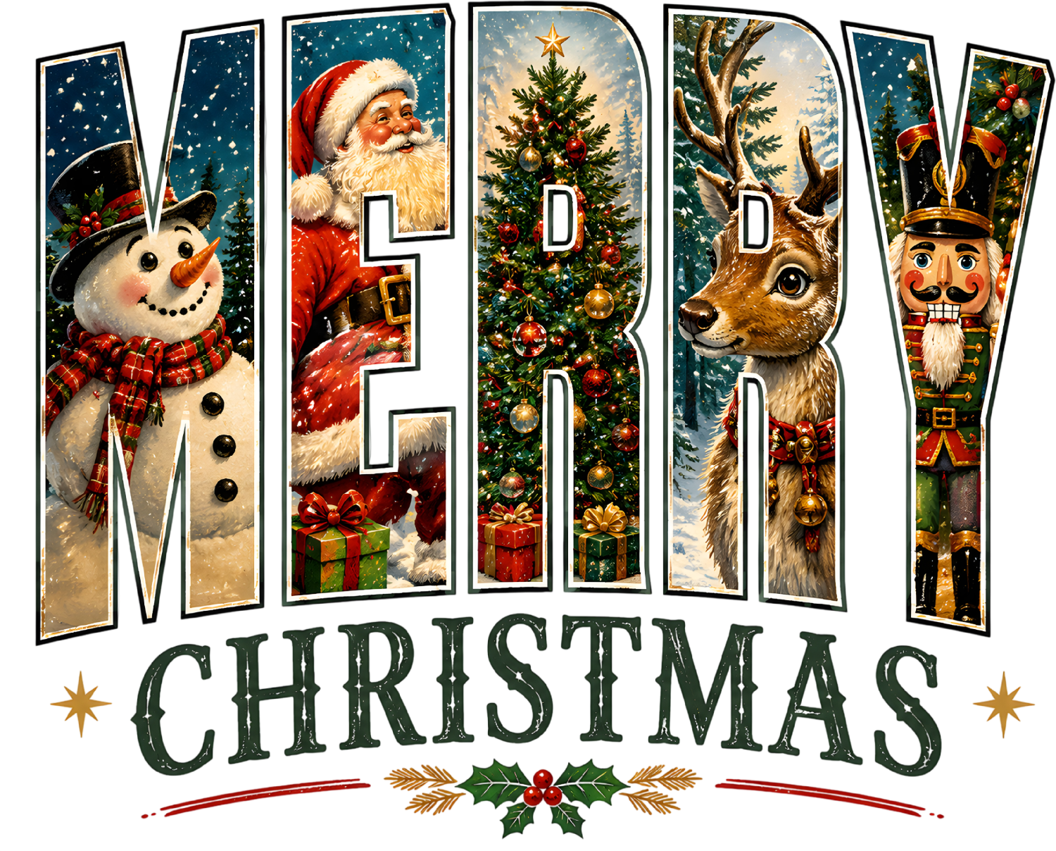 Vintage Merry Christmas design featuring snowman, Santa, Christmas tree, reindeer and nutcracker—ready to press dtf transfer