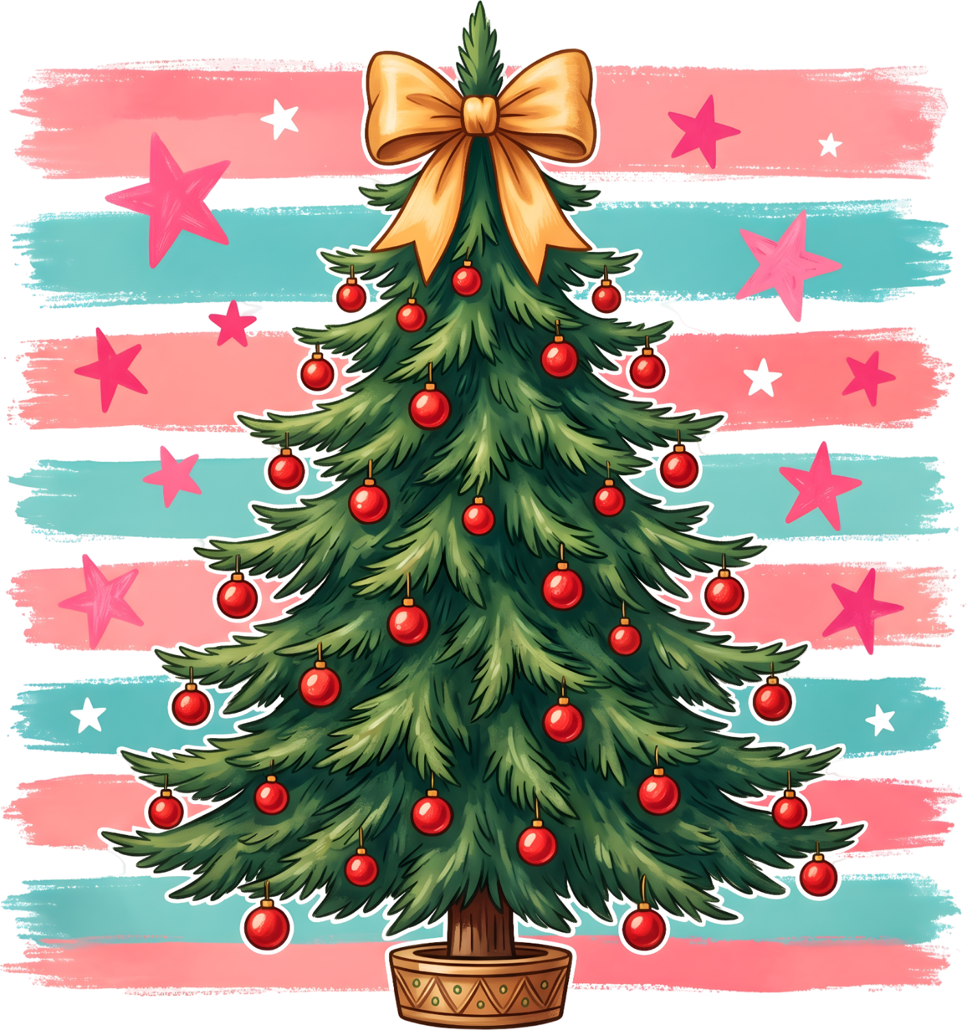 Green Christmas tree with red ornaments, gold bow, and striped background ready to press dtf transfer