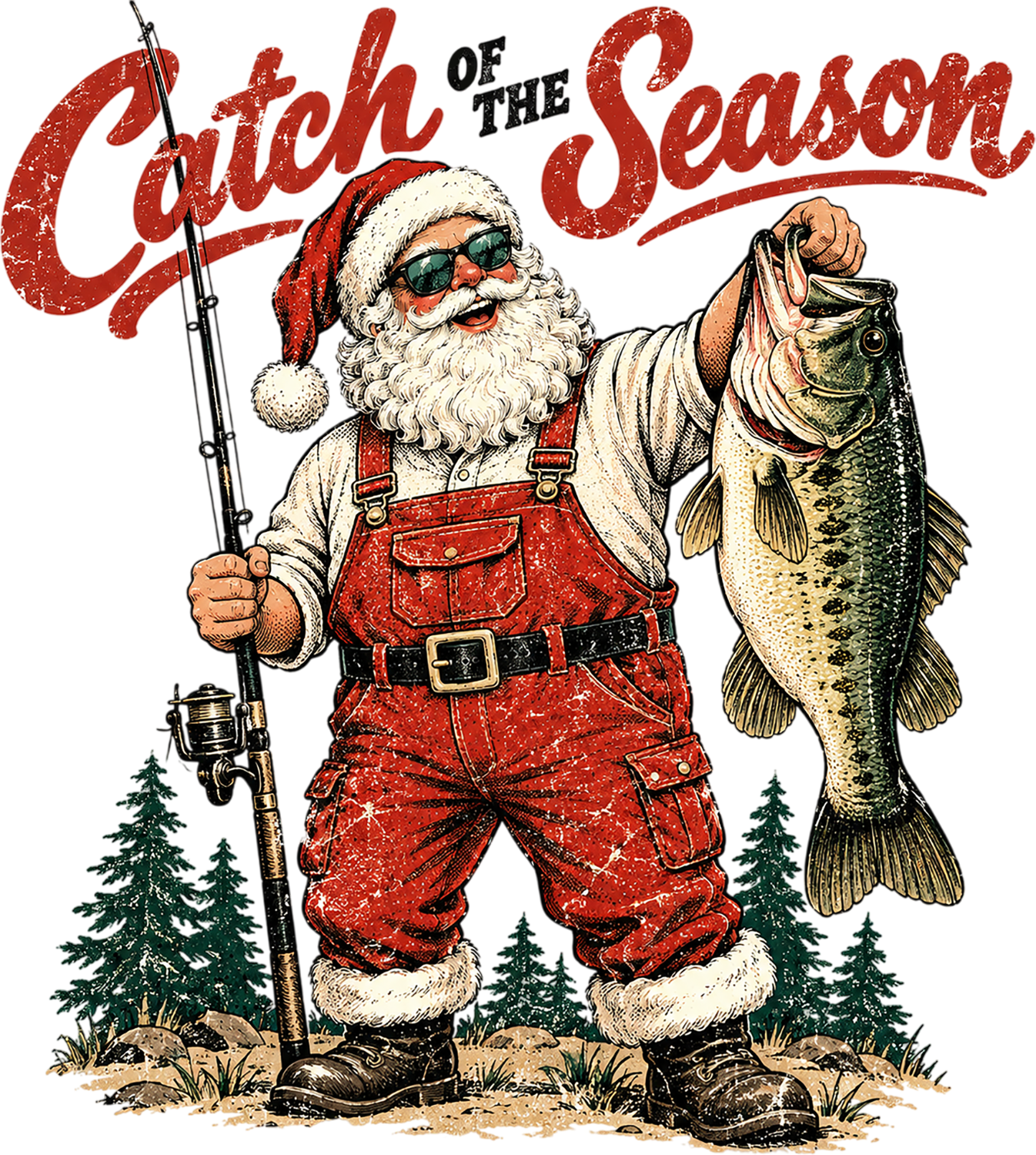 Vintage Santa holding fishing rod and large bass, wearing red cargo waders and sunglasses, ready to press dtf transfer