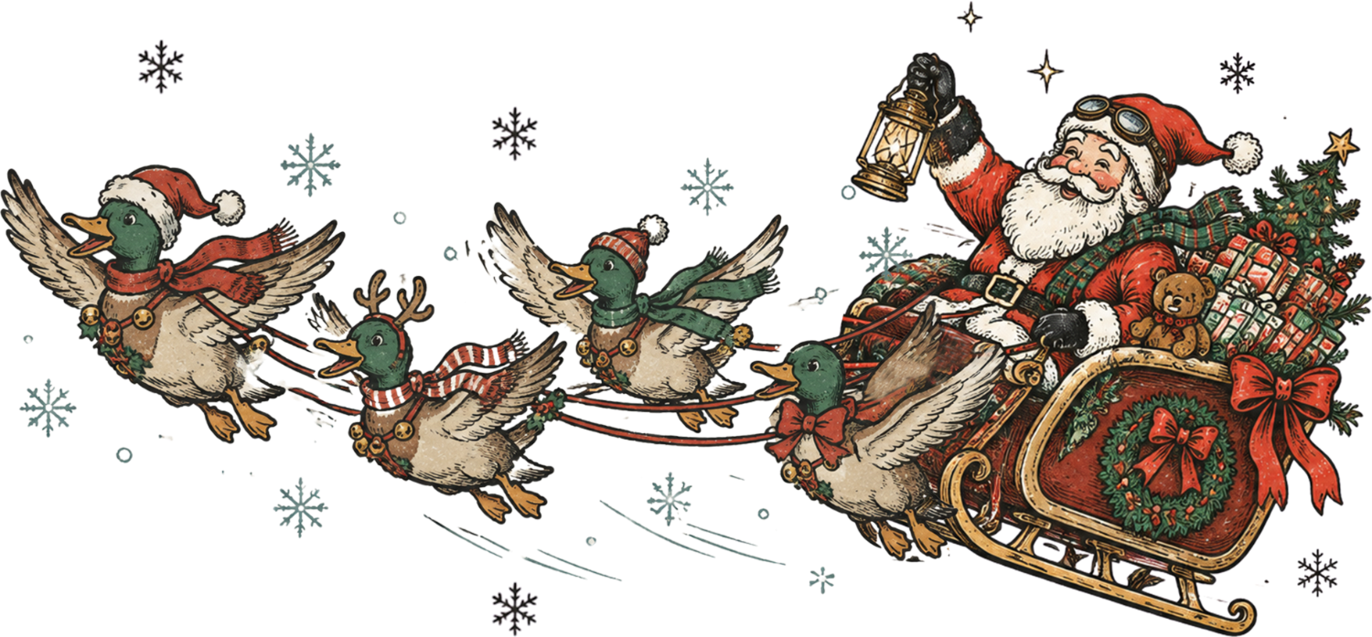 Vintage Santa in sleigh pulled by three reindeer wearing Santa hats, holding lantern and gifts, ready to press dtf transfer
