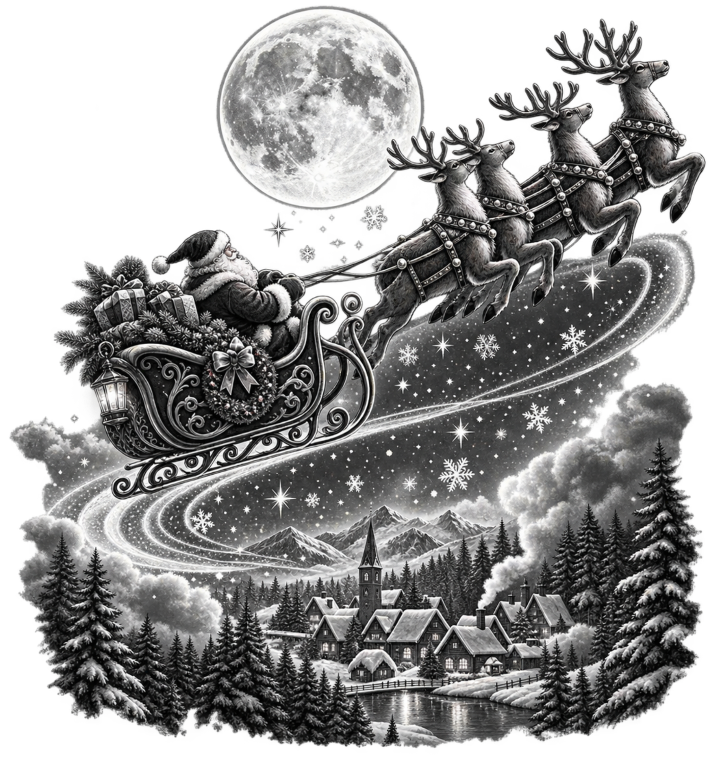 Detailed grayscale illustration of Santa's sleigh with reindeer flying over a snowy village and full moon, ready to press dtf transfer