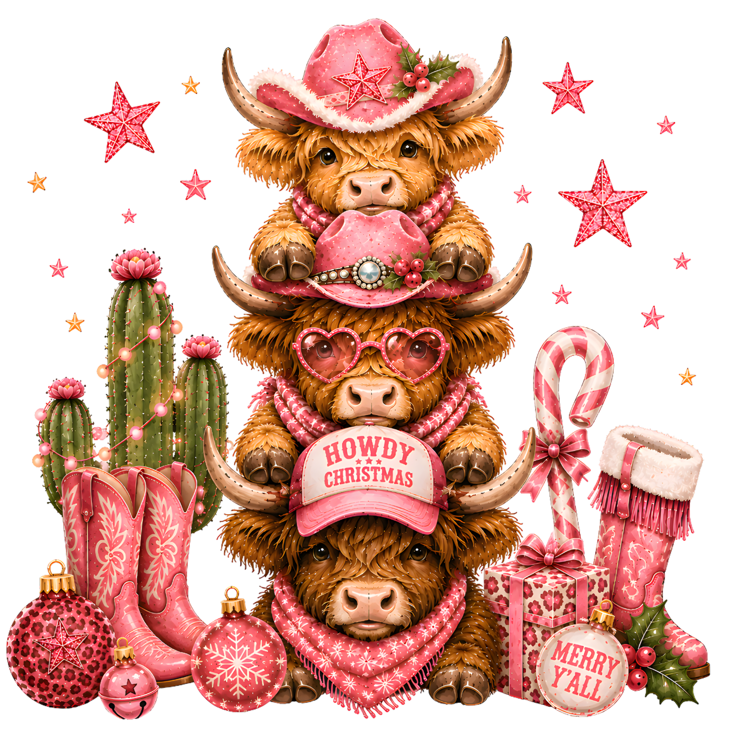 Three stacked Highland cows wearing pink cowboy hats and accessories, ready to press dtf transfer with stars and holiday elements