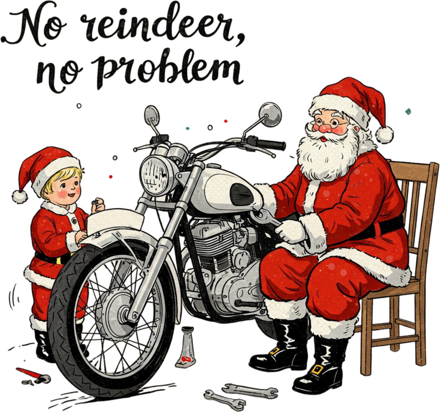 Illustration of Santa on vintage motorcycle with little elf helper, ready to press dtf transfer