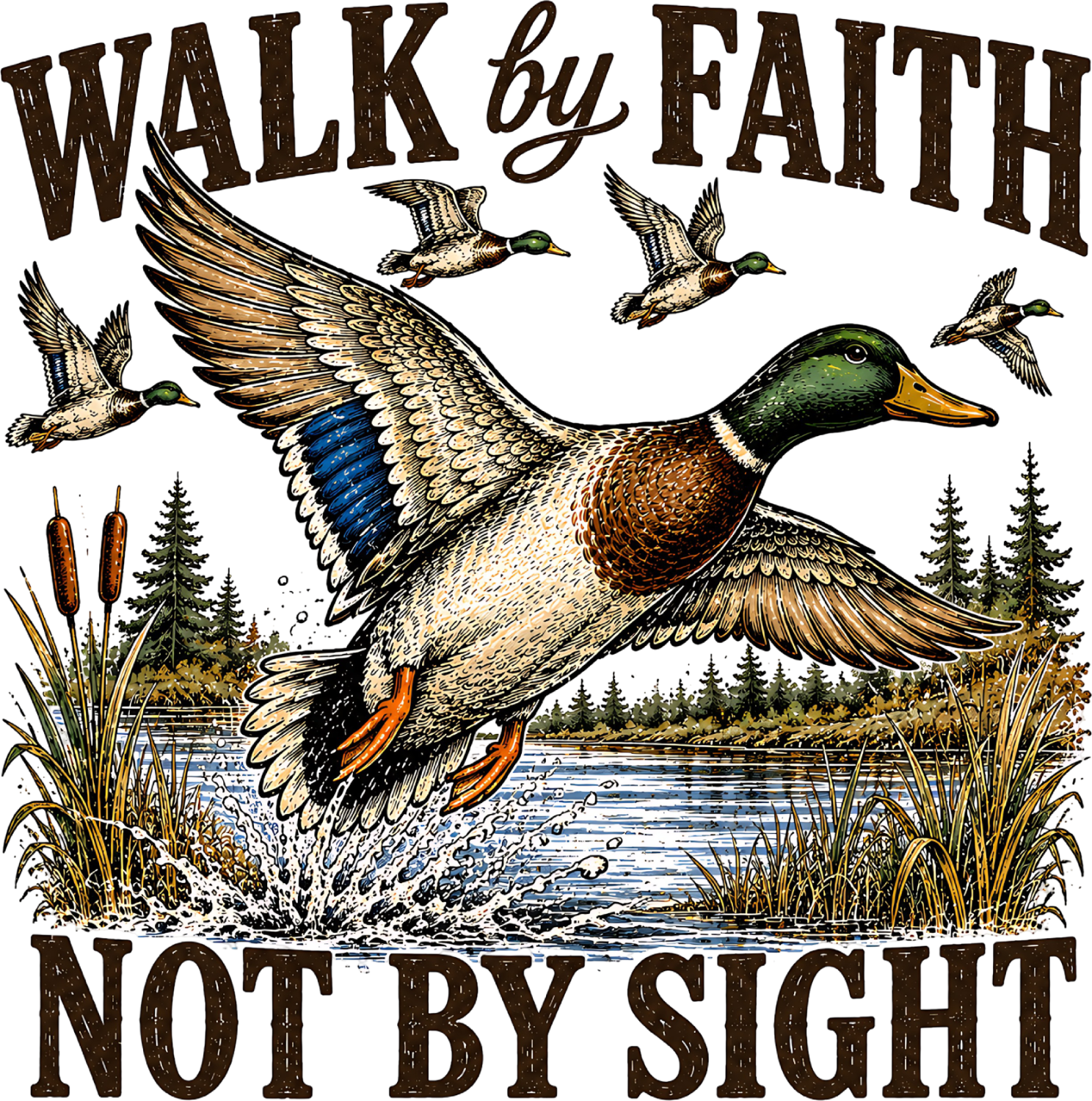 Mallard duck in flight with green head and blue wings, ready to press dtf transfer design