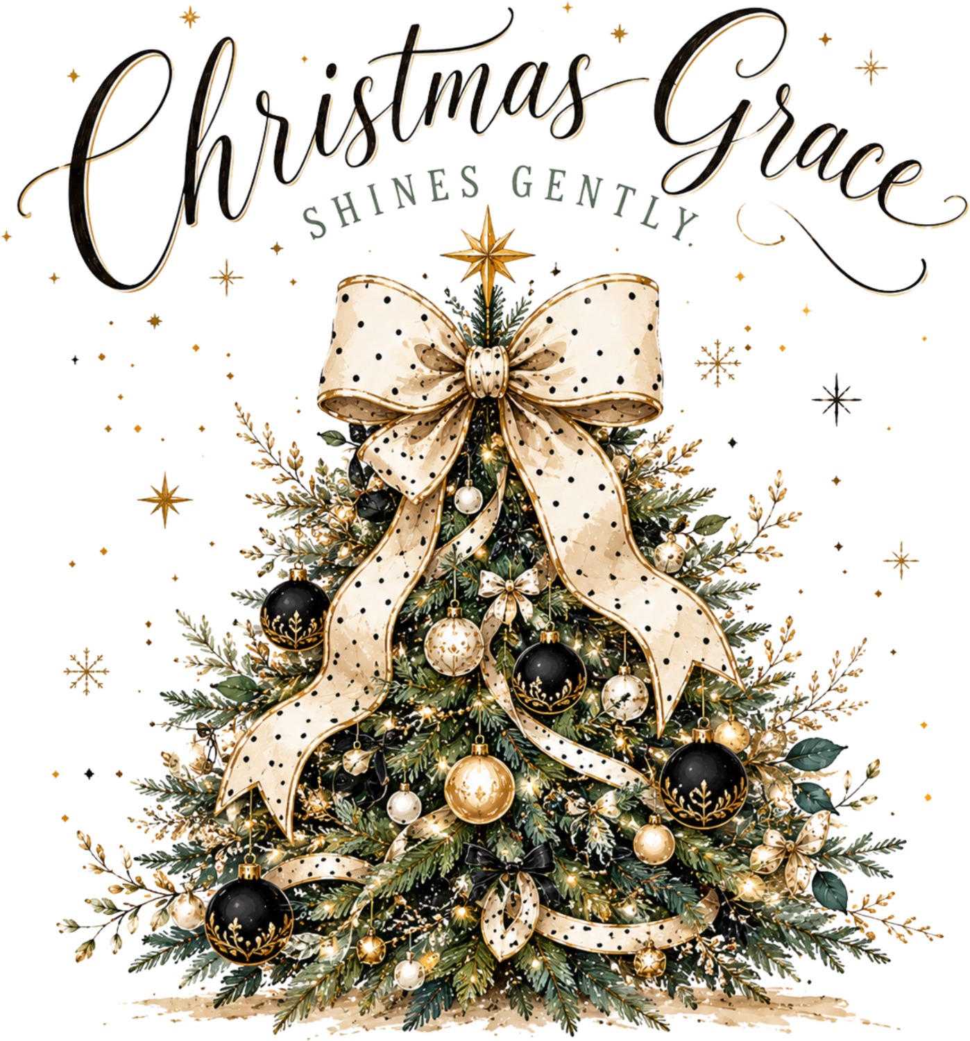 Elegant Christmas tree with gold polka dot bow, black and gold ornaments, ready to press dtf transfer