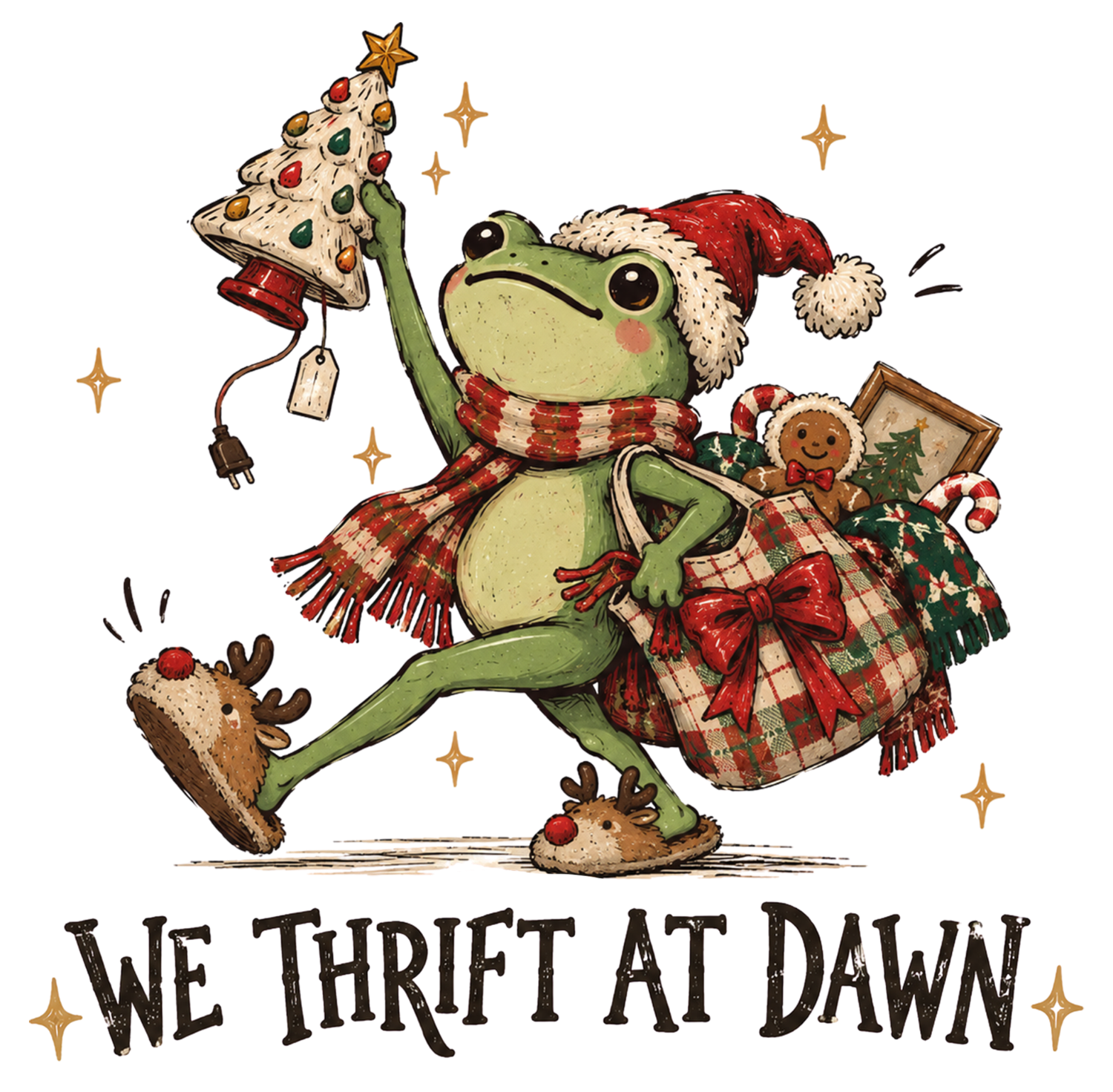 Adorable green frog wearing Santa hat and plaid scarf juggling Christmas treats, ready to press dtf transfer
