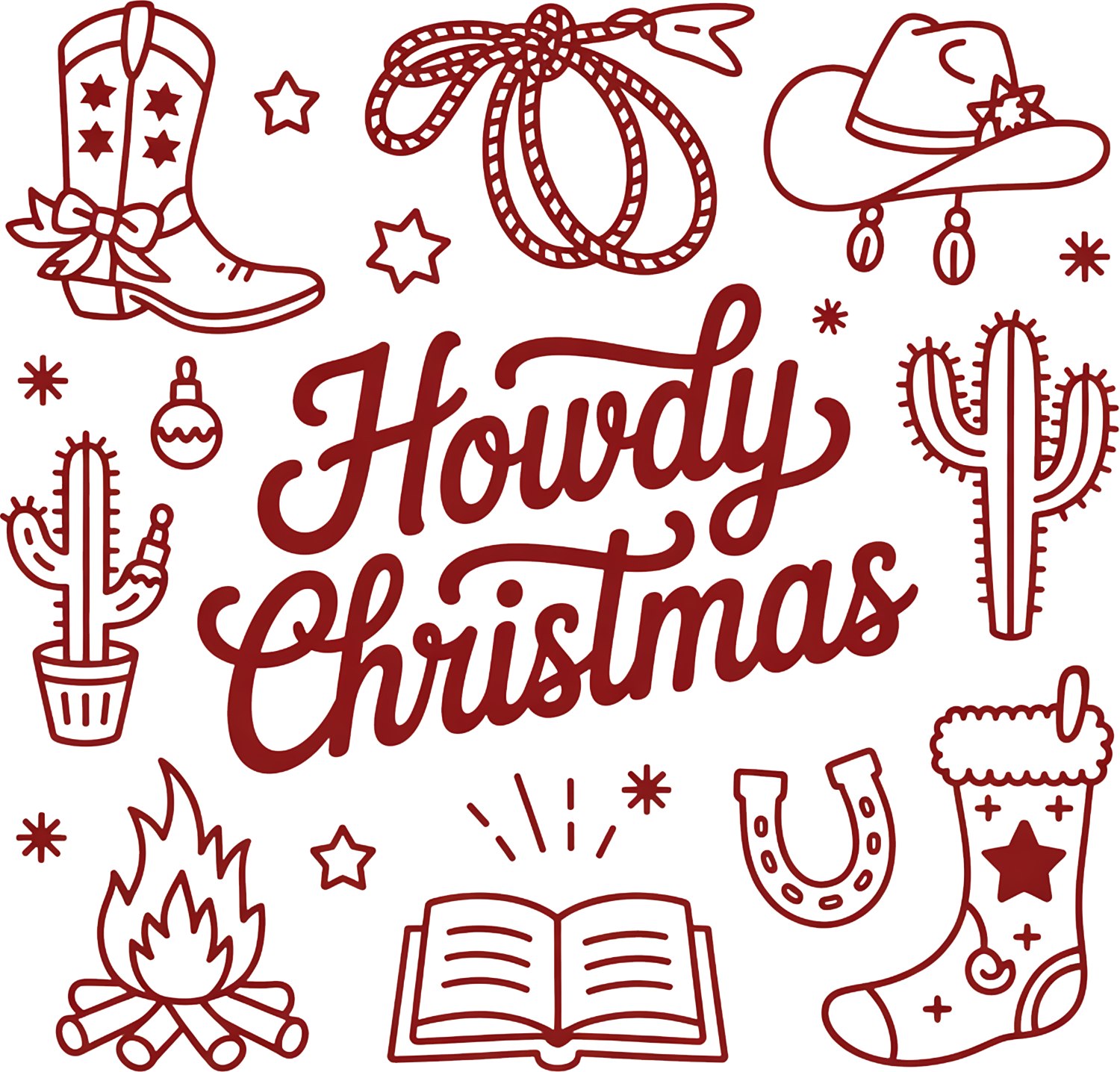 Maroon lineart Howdy Christmas design with cowboy boots, cacti, and western elements, ready to press dtf transfer