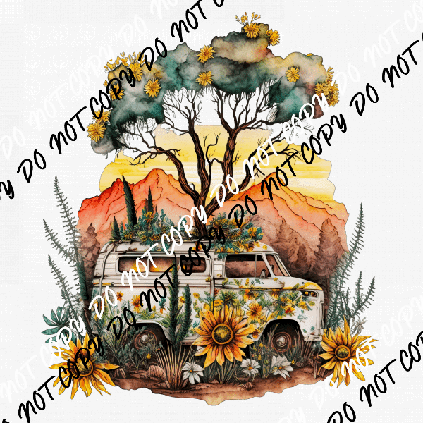 Adventure Scene Mountains Van and Sunflowers Watercolor Transfer - We Print U Press DTF Transfers