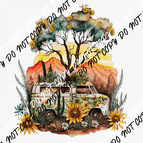 Adventure Scene Mountains Van and Sunflowers Watercolor Transfer - We Print U Press DTF Transfers