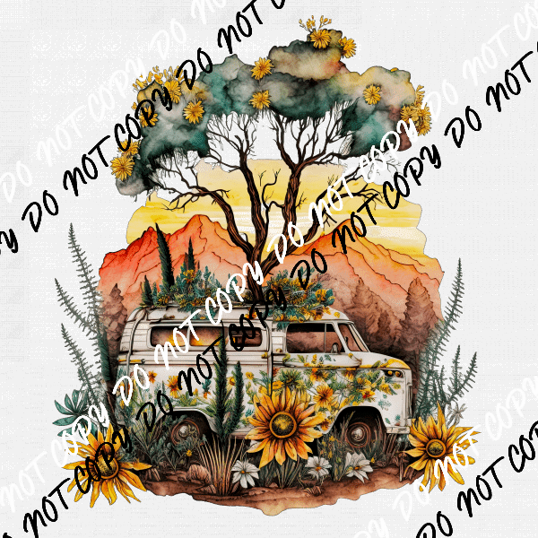 Adventure Scene Mountains Van and Sunflowers Watercolor Transfer - We Print U Press DTF Transfers