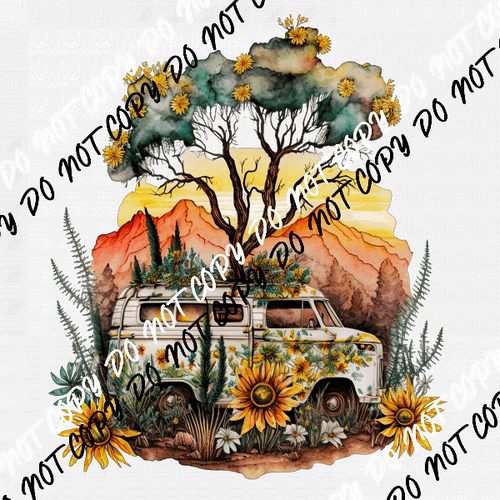 Adventure Scene Mountains Van and Sunflowers Watercolor Transfer - We Print U Press DTF Transfers